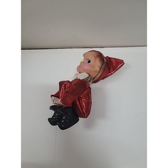 Vintage SMILING Kneehugger Red Gold Metallic Christmas Sitting Elf Ornament - Picture 2 of 5
